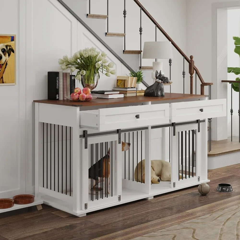 Wooden Dog Crate Table Furniture with Storage Drawers
