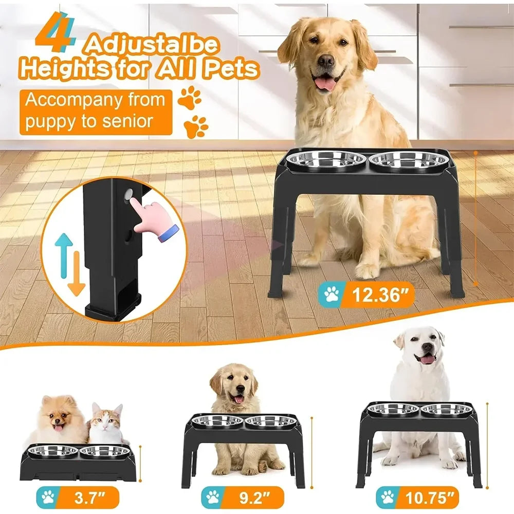 Adjustable Elevated Pet Dish Bowl with Stainless Steel Bowls