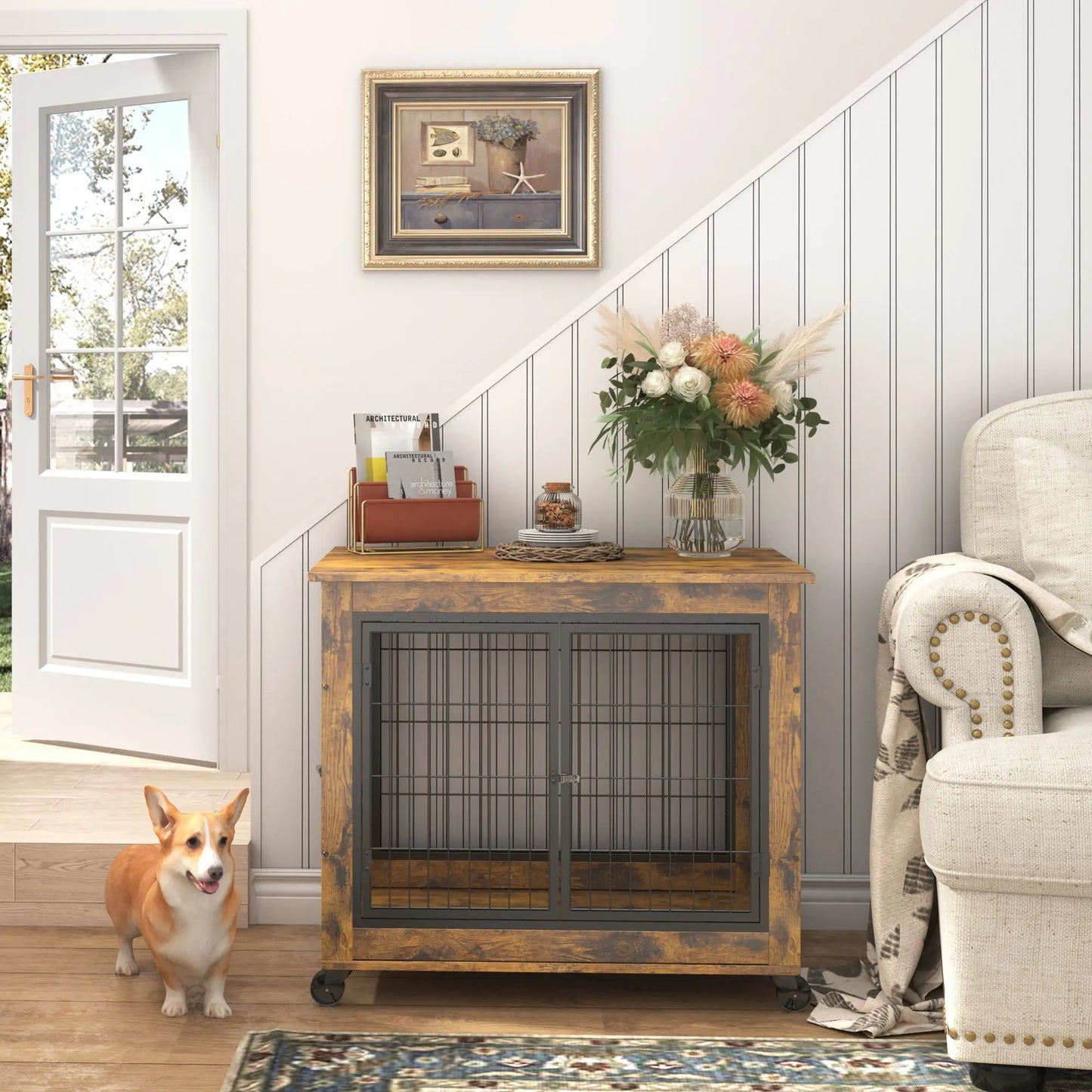 Furniture Style Dog Crate Side Table on Wheels