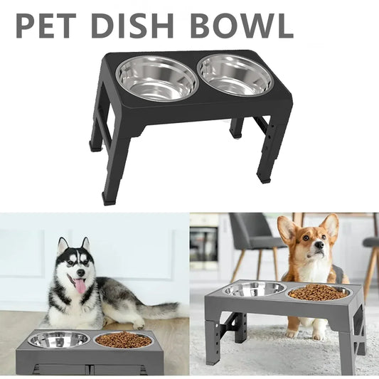 Adjustable Elevated Pet Dish Bowl with Stainless Steel Bowls