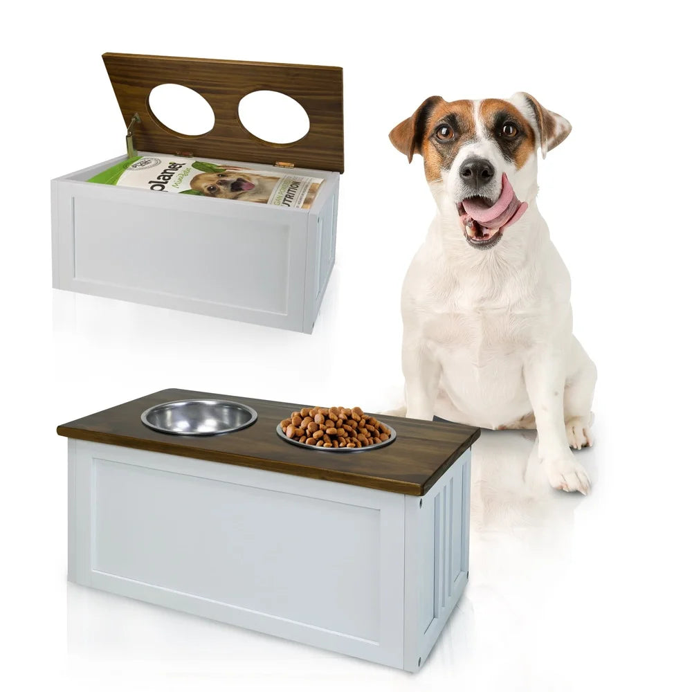 Solid Wood Pet Feeder Stand with Storage Dogs Two Bowl Design Easy Assembly Home Organization