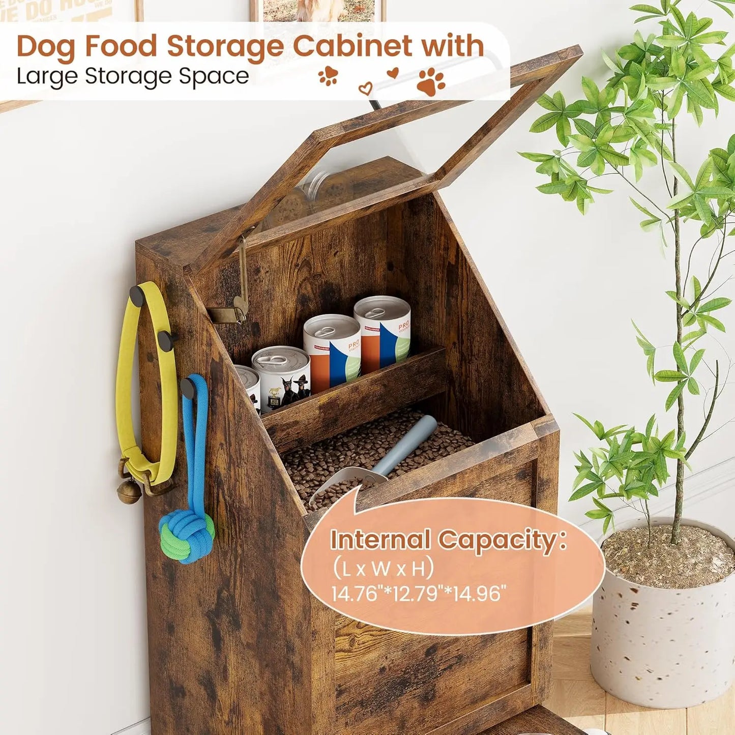Dog Feeding Station with 2 Elevated Dog Bowls Flip Top Pet Food Cabinet Pet Food Container Pet Toys Storage Organizer