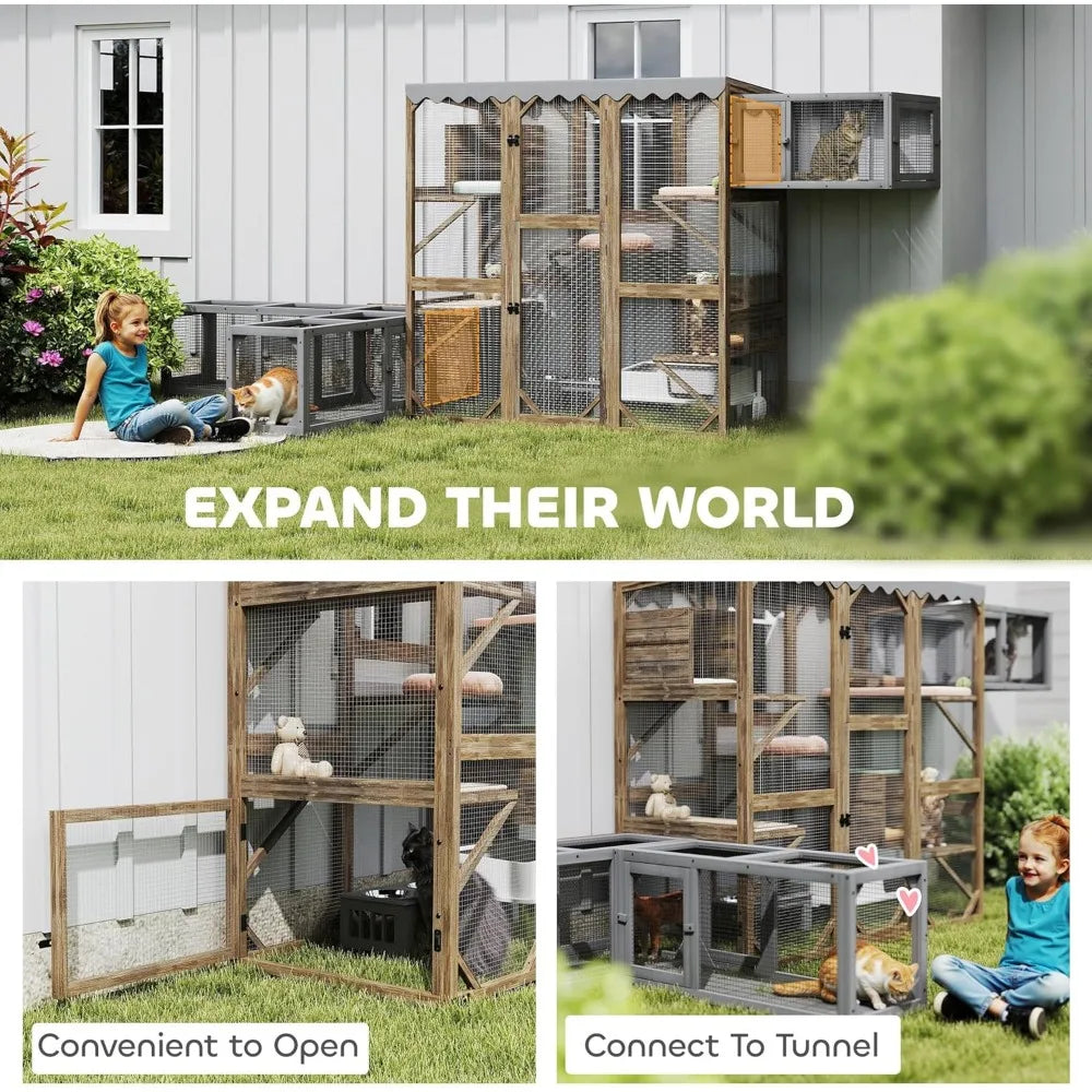 Outdoor Cat Enclosure with Waterproof Roof and Platforms