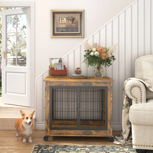 Furniture Style Dog Crate Side Table on Wheels